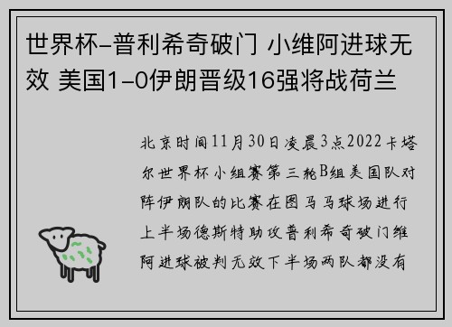 世界杯-普利希奇破门 小维阿进球无效 美国1-0伊朗晋级16强将战荷兰