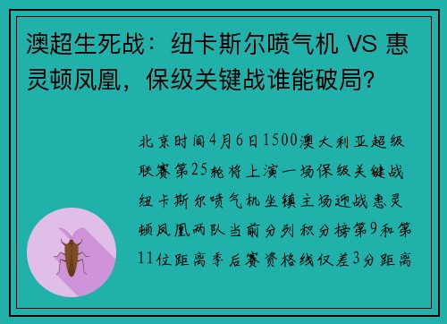 澳超生死战：纽卡斯尔喷气机 VS 惠灵顿凤凰，保级关键战谁能破局？